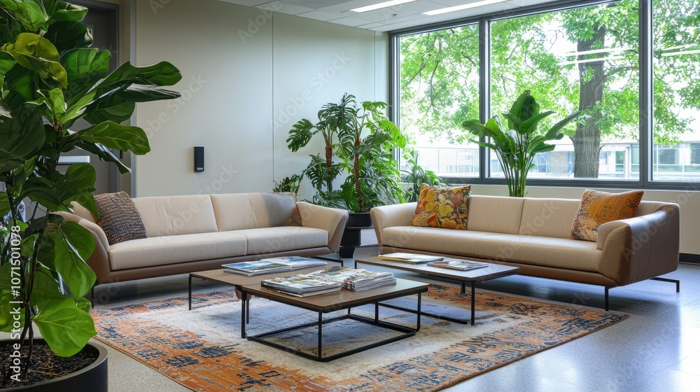 Create a modern and inviting office space with thoughtful furniture arrangements and lush greenery Create a modern and inviting office space with thoughtful furniture arrangements and lush greenery