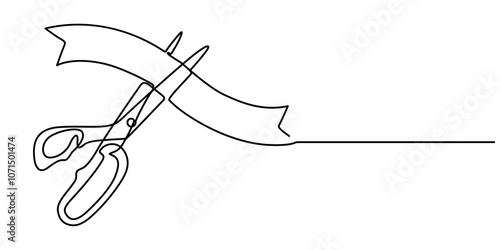 Scissors Cutting a Ribbon, Continuous one line drawing of cutting ribbon for grand opening, ribbon cutting ceremony for opening event or company concept, single line art, Opening Icon.