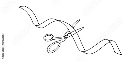 Scissors Cutting a Ribbon, Continuous one line drawing of cutting ribbon for grand opening, ribbon cutting ceremony for opening event or company concept, single line art, Opening Icon.