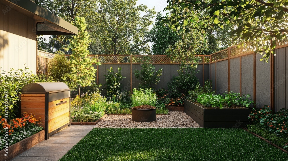Fototapeta premium Sustainable Backyard with Compost Bin and Rainwater Features