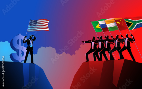Businessmen from BRICS countries standing on a cliff, holding their national flags and pointing forward. The emergence of BRICS threatens dollar hegemony