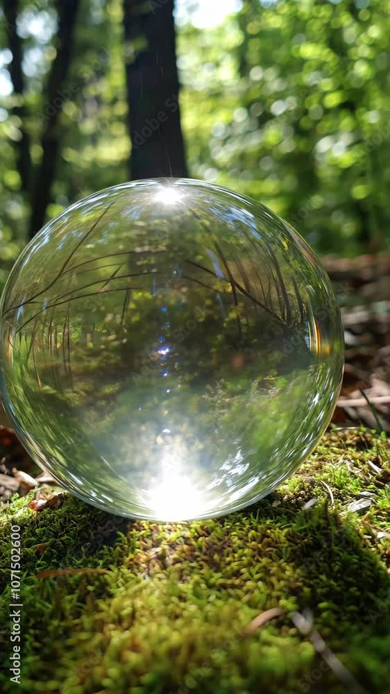 A clear glass ball sits on moss in a forest, reflecting the surrounding trees and sunlight A clear glass ball sits on moss in a forest, reflecting the surrounding trees and sunlight