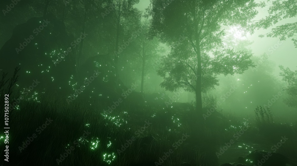 Ethereal Glow in a Foggy Forest with a Stream Ethereal Glow in a Foggy Forest with a Stream