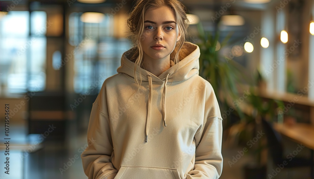 Mockup. Young woman wearing blank basic plain hoodie standing in modern office, co-working space. Mock up Mockup. Young woman wearing blank basic plain hoodie standing in modern office, co-working space. Mock up