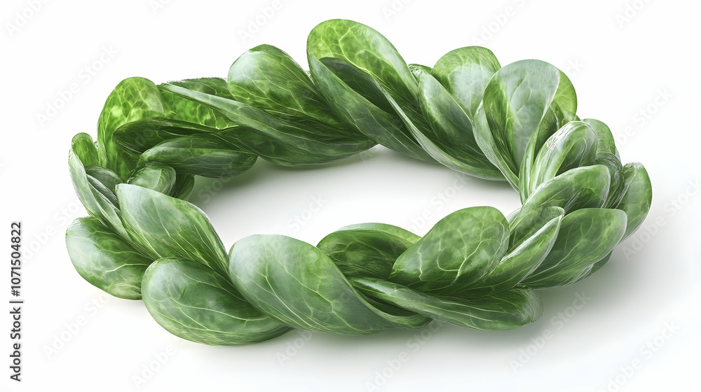 Fresh green leaves arranged in a circle on a white background.