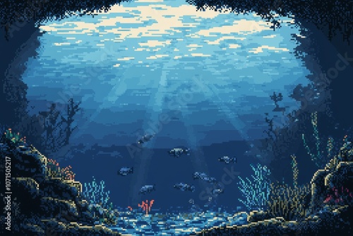 An underwater image with an 8bit pixel art background, a gradient blue and white