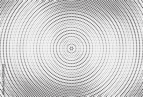 Radial halftone gradient background. Dotted concentric texture with fading effect. Black and white circle shade wallpaper. Grunge rough vector. Monochrome backdrop