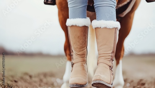 Close-up of a rider's legs in brown riding boots and jeans while riding a horse. photo