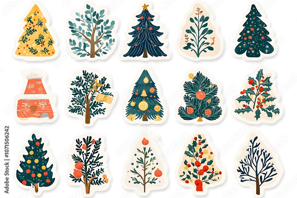 Christmas trees stickers set. New year and winter minimalistic clipart. Cozy holiday. Christmas trees stickers set. New year and winter minimalistic clipart. Cozy holiday.