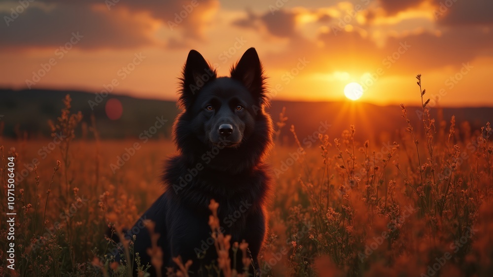 A black dog sitting in a field of tall grass at sunset A black dog sitting in a field of tall grass at sunset