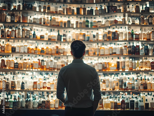Photo A Man Contemplates a Wall of Whiskey Bottles