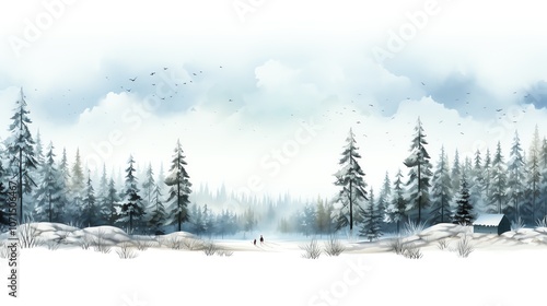 Wallpaper Mural A snowy forest scene with two figures walking toward a cabin in the distance. The sky is cloudy and there are birds flying overhead. Torontodigital.ca