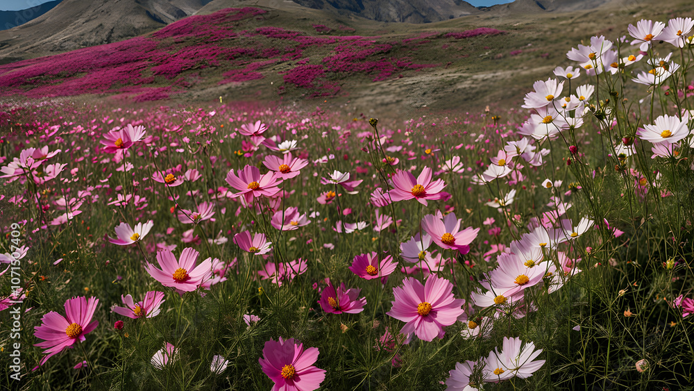 Obraz premium A field of pink cosmos flowers swaying in the wind with a mountain range behind, AI Generated
