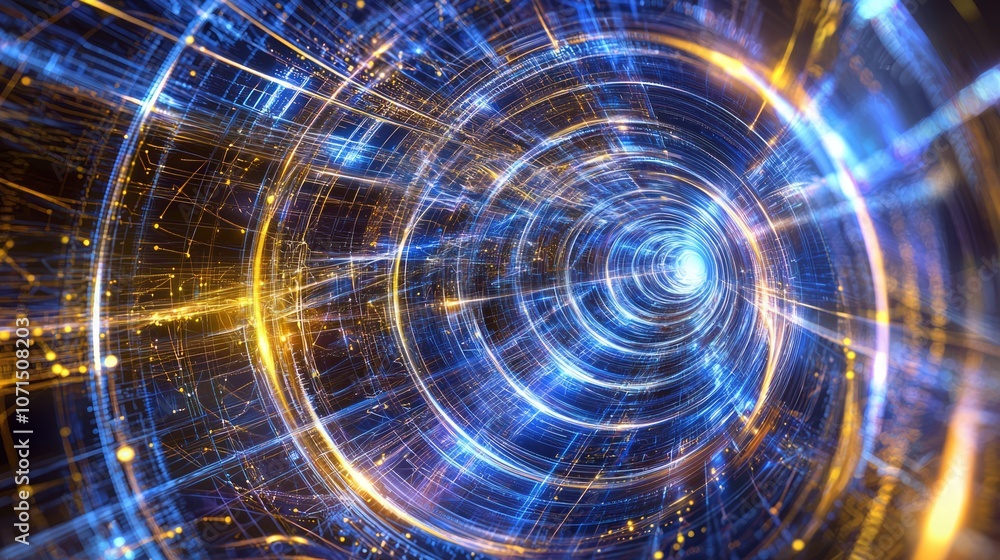 Fototapeta premium Futuristic Cyber Defense Grid Artwork with Swirling Lines and Luminous Nodes for Data Protection Concept, Ultra-Detailed 3D Render