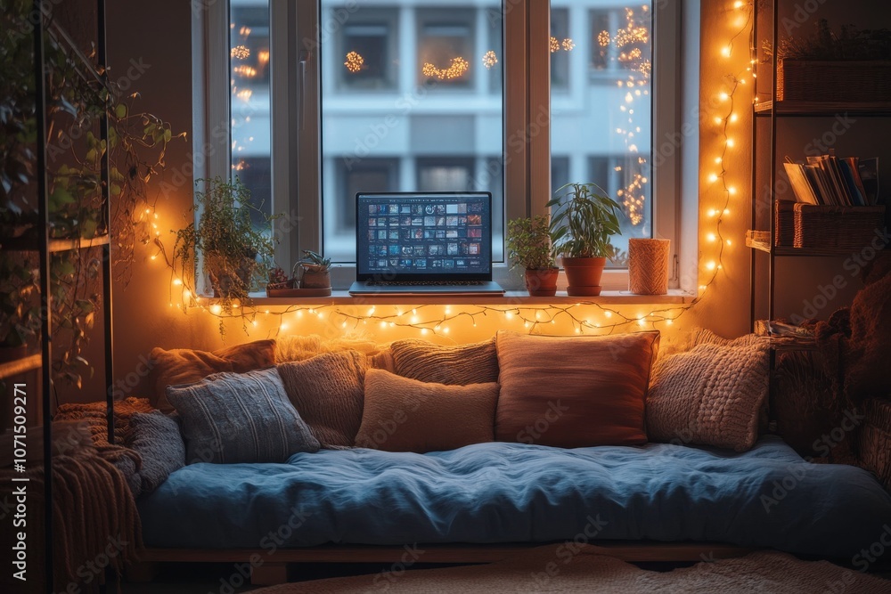 Cozy Living Room with Fairy Lights and Laptop Setup Cozy Living Room with Fairy Lights and Laptop Setup