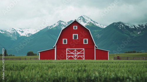 Explore the scenic beauty of a red barn nestled against majestic mountains in a green field