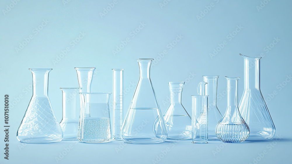Clusters of glass beakers and flasks on a blue background Clusters of glass beakers and flasks on a blue background