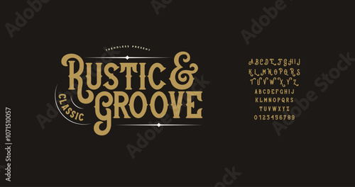 Rustic Groove: A vintage-inspired display alphabet with a golden, classic aesthetic. Perfect for adding stylish charm to any project. Vector illustration.