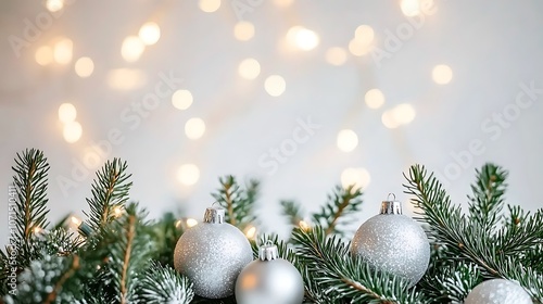 Elegant Silver Christmas Ornaments Surrounded by Pine Branches