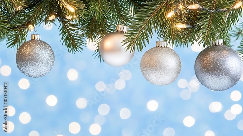 Elegant Silver Christmas Ornaments Surrounded by Pine Branches