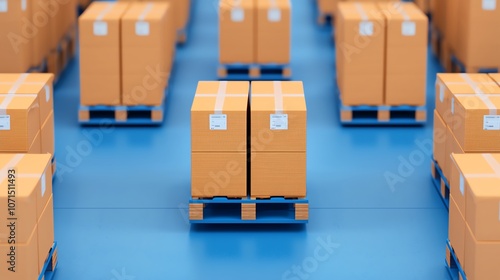 A warehouse floor with multiple pallets stacked with cardboard boxes.