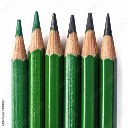 Six sharpened green colored pencils are standing on end on a white surface photo