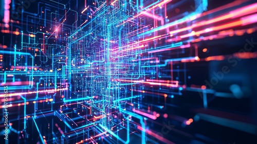 Cybersecurity Neon Network - Abstract 3D Render of Intersecting Lines and Shapes Illuminated by Neon Colors, Ultra-Detailed Composition