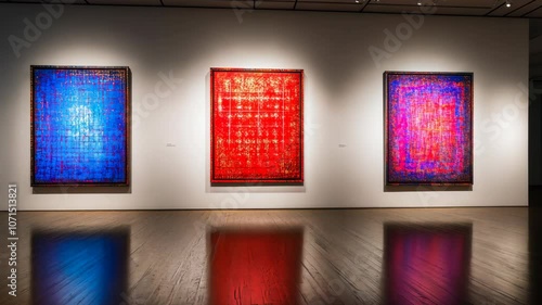 Three abstract paintings are hung on a white wall in a gallery