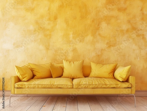 A striking modern interior with a bold yellow sofa set against a textured ochre wall, exuding energy and creativity photo