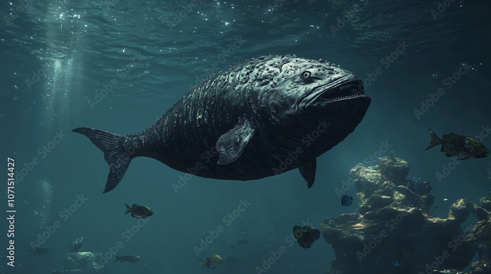 Naklejka premium Explore the majestic leedsichthys as it gracefully swims through tranquil waters in a stunning underwater scene