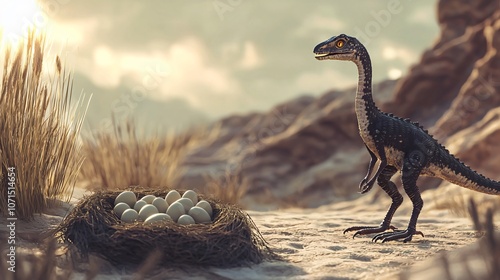 Oviraptor protects its nest of eggs in a serene desert landscape during sunset photo