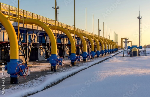 Industrial equipment for the gas industry, air cooling devices, winter season, dawn