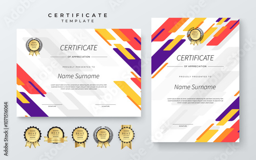 Modern Geometric Certificate Template With Award Badges. Professional certificate template featuring modern geometric design with abstract shapes