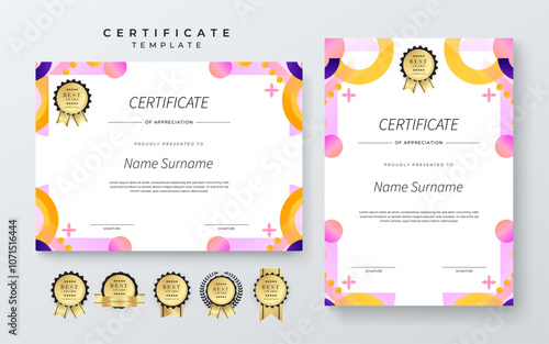 Colorful Certificate Design Template With Award Badges. Comes with award badges for a professional presentation of accomplishment and recognition