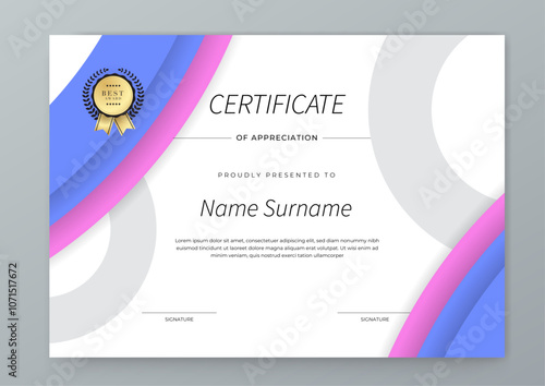 Colorful Certificate Template For Appreciation and Achievement. Features geometric shapes and award icons, perfect for professional or educational achievements