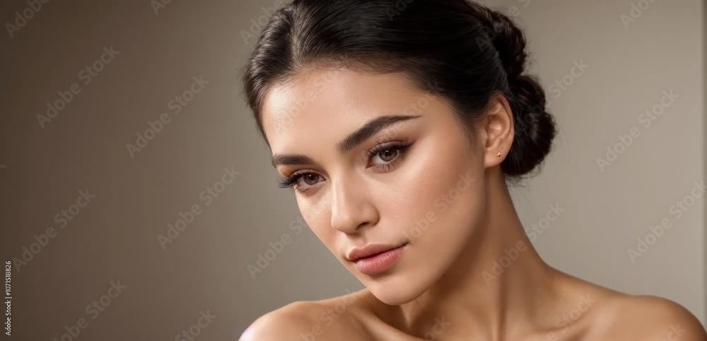 Elegant close-up portraits of a woman with soft lighting and neutral background Elegant close-up portraits of a woman with soft lighting and neutral background