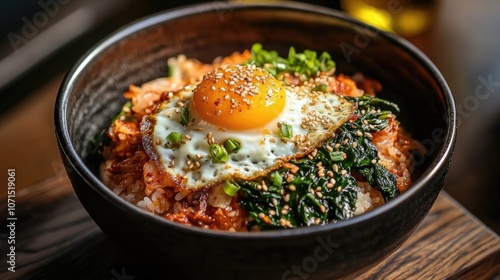 Delicious Korean Bibimbap with Fried Egg photo