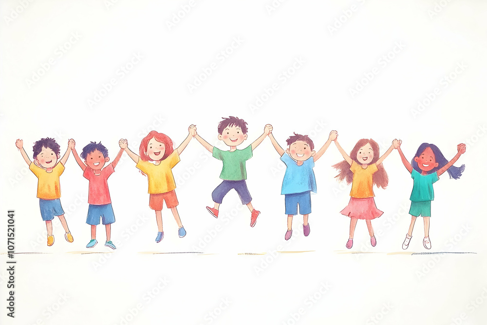 Fototapeta premium Illustration of Happy Children Jumping and Holding Hands