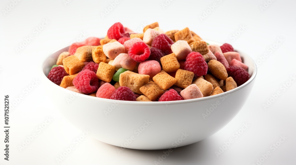 A white bowl filled with cereal and raspberries, on a white background. A white bowl filled with cereal and raspberries, on a white background.
