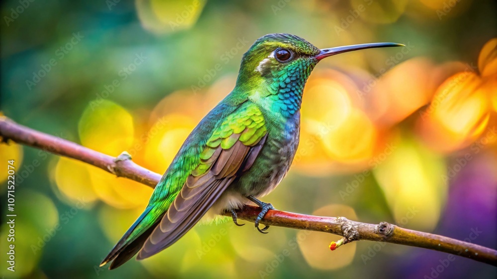 Fototapeta premium A vibrantly colored hummingbird with a long beak perches on a thin branch, with a blurred background of soft greens, yellows, and oranges.