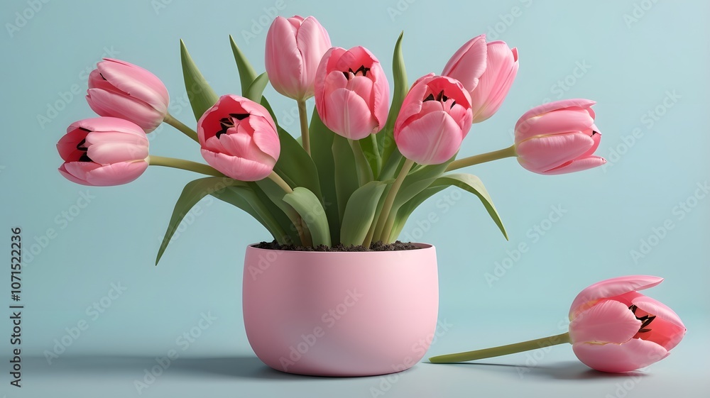 Fototapeta premium Vibrant pink tulips gracefully arranged in a soft pink pot against a serene blue backdrop, capturing the essence of springtime beauty. Generative AI