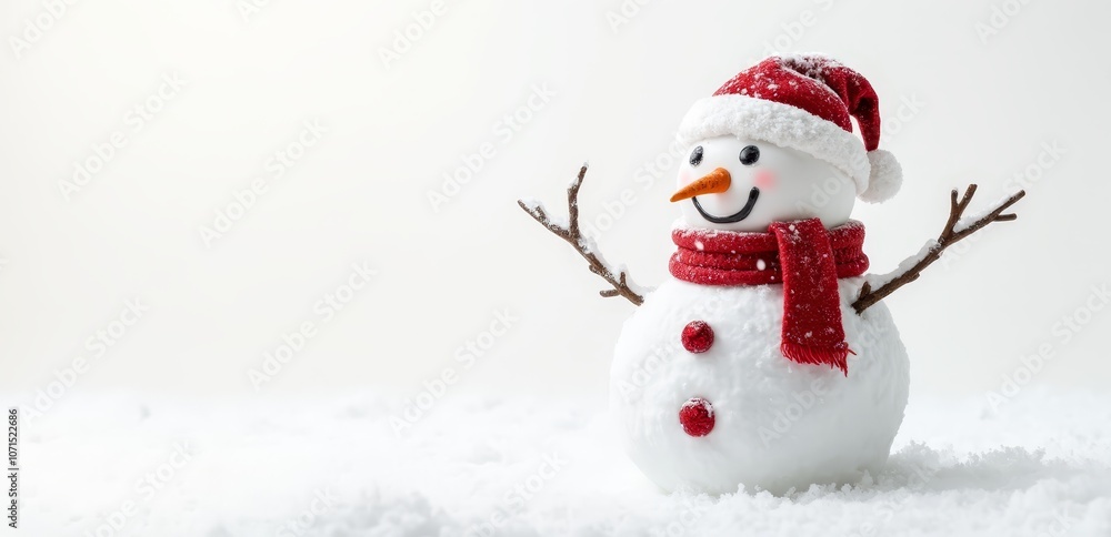 Fototapeta premium A snowman wearing a red hat and scarf in the snow