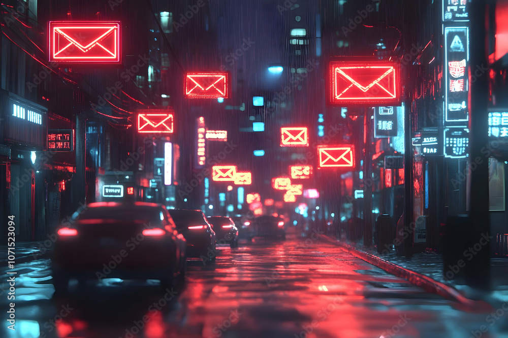 Fototapeta premium Illustration - Neon Email City Night Rain Cyberpunk