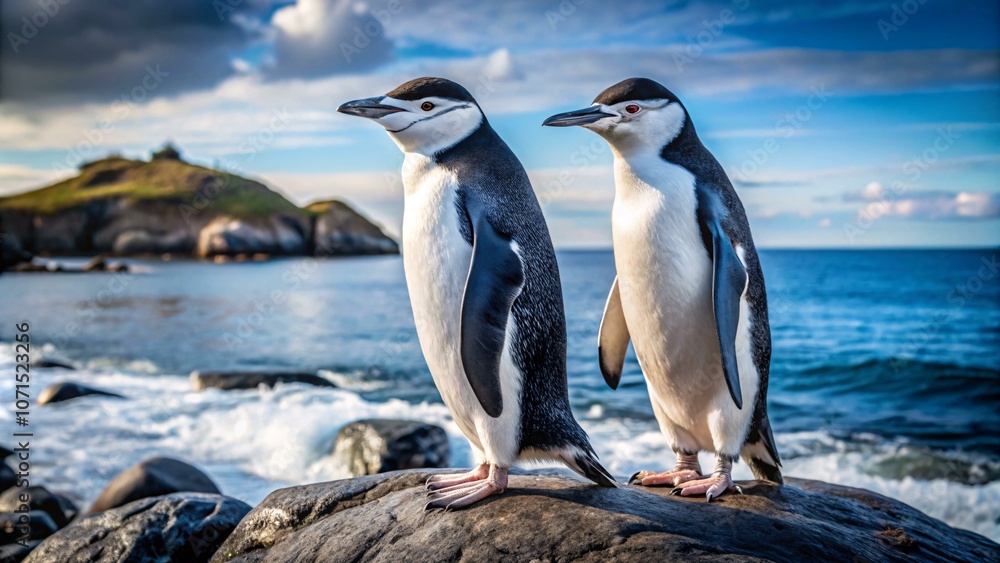 Fototapeta premium Two penguins with black and white feathers stand on a rock with a blue sea and white foamy waves in the background.