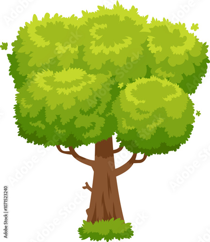 Cartoon tree with brown trunk, green leaves and grass at the base, isolated on white background, representing nature, growth, and environmental concepts