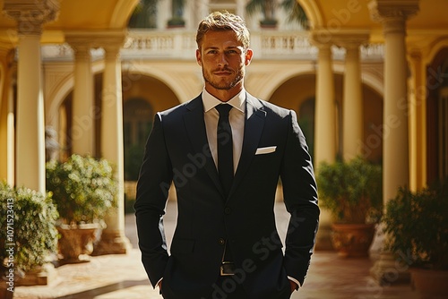 Handsome Man in a Suit Standing in a Colonnade photo