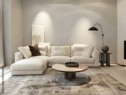 A sophisticated living room featuring a white sectional sofa, circular coffee table, and stylish floor lamp, set against a neutral backdrop photo