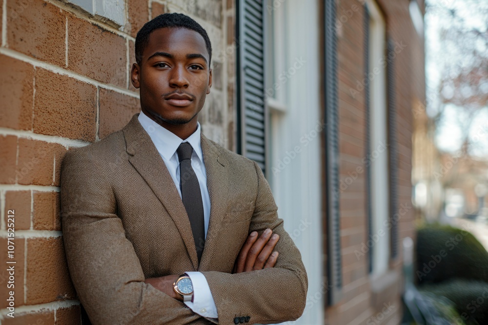 A Young Man in a Suit Standing Against a Brick Wall A Young Man in a Suit Standing Against a Brick Wall