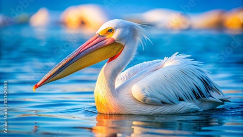 A white pelican with a large orange beak floats on the calm blue water. photo