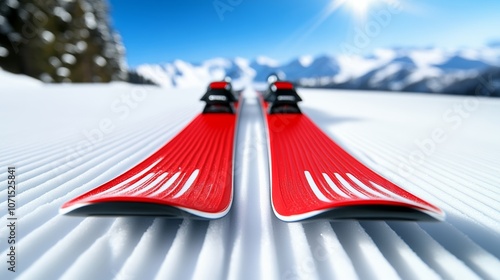 Two skis with red tips are on a snow-covered slope. The skis are positioned parallel to each other, and the snow is white. Concept of adventure and excitement photo